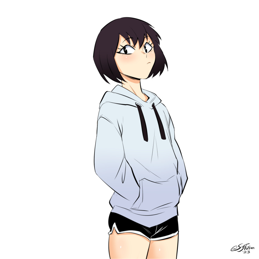 1girl black_eyes black_hair commentary cowboy_shot dolphin_shorts english_commentary frown hands_in_pockets highres hood hooded_sweater hoodie original shiny_skin short_hair short_shorts shorts signature solo sweater sytochan_(sytokun) sytokun