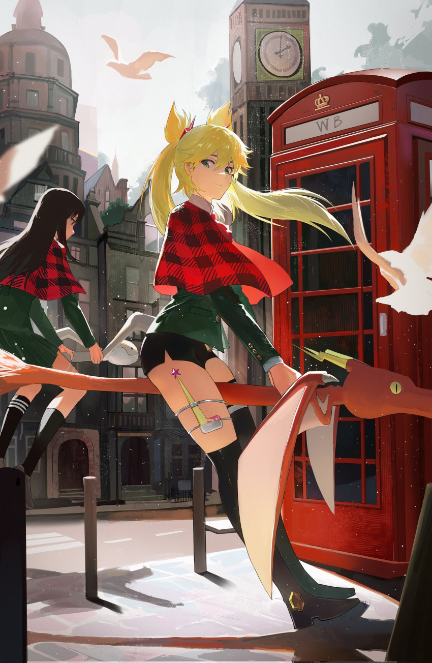 2girls bird black_hair black_socks blonde_hair blue_eyes bollard boots building burn_the_witch cape capelet dragon flying green_jacket green_skirt high_heel_boots high_heels highres jacket long_hair looking_to_the_side multiple_girls niihashi_noel ninny_spangcole outdoors phone_booth plaid_capelet red_cape red_capelet road short_shorts shorts sidelocks skirt sky socks street thigh-highs thigh_strap twintails zzz_zhi_he