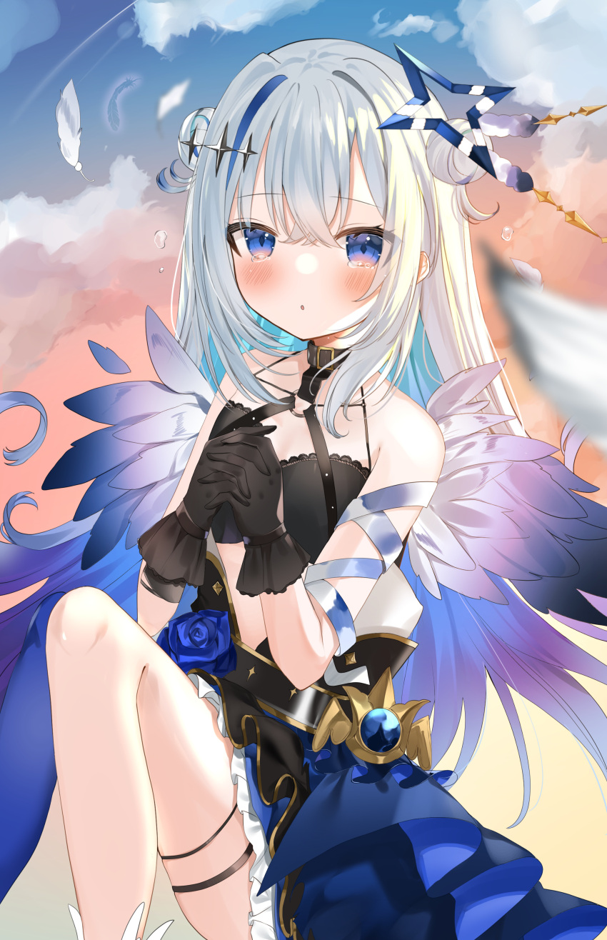 1girl absurdres amane_kanata angel angel_wings animal_collar black_gloves blue_flower blue_rose blush collar collarbone colored_inner_hair crying crying_with_eyes_open double_bun dress feathered_wings flower frilled_dress frills gloves gradient_wings grey_hair hair_bun halo highres hololive legband long_hair multicolored_hair multicolored_wings o-ring official_alternate_hair_length official_alternate_hairstyle okome2028 rose sitting solo star_halo streaked_hair tears virtual_youtuber wings