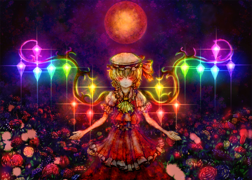 1girl ascot blonde_hair blue_flower closed_mouth field flandre_scarlet flower flower_field frilled_skirt frilled_sleeves frills glowing glowing_eyes glowing_wings hat hat_ribbon kouseifukanou looking_at_viewer mob_cap moon multicolored_wings puffy_short_sleeves puffy_sleeves red_eyes red_flower red_moon red_ribbon red_skirt red_vest ribbon shirt short_hair short_sleeves skirt skirt_set solo touhou vest white_headwear white_shirt wings yellow_ascot yellow_flower