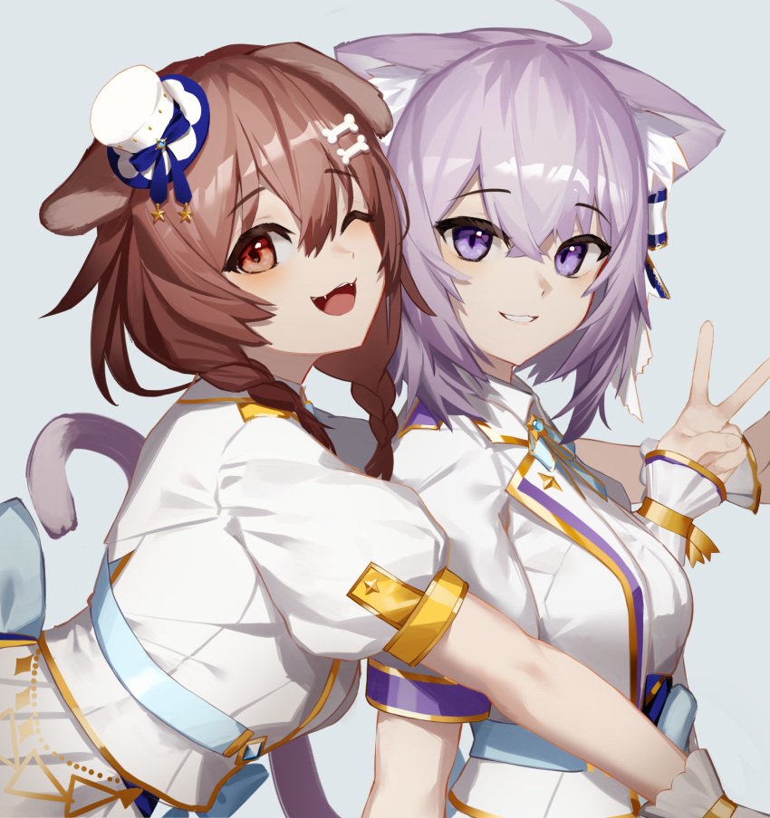 2girls ahoge animal_ears bone_hair_ornament brown_eyes brown_hair cat_ears cat_tail cine_(wazd0183) dog_ears hair_ornament hat highres hololive hololive_idol_uniform_(bright) inugami_korone mini_hat multiple_girls nekomata_okayu one_eye_closed purple_hair short_sleeves tail v violet_eyes virtual_youtuber