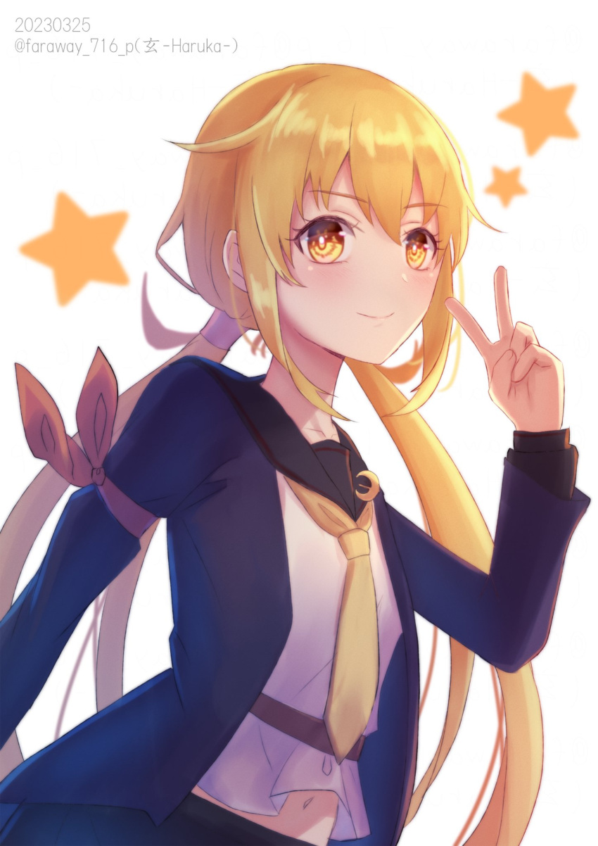 1girl black_sailor_collar blonde_hair blue_cardigan blush cardigan closed_mouth crescent crescent_pin dated haruka_faraway716 highres kantai_collection long_hair low_twintails one-hour_drawing_challenge open_cardigan open_clothes sailor_collar satsuki_(kancolle) satsuki_kai_ni_(kancolle) school_uniform serafuku simple_background smile solo star_(symbol) twintails twitter_username upper_body v white_background yellow_eyes