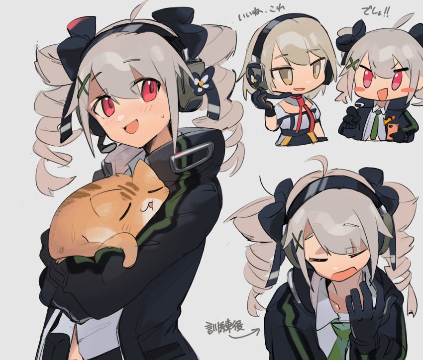 2girls animal black_gloves blush_stickers cat chesed_(uporyz) chibi commentary drill_hair girls_frontline gloves green_necktie grey_background grey_hair hair_between_eyes hairband headset highres holding holding_animal holding_cat jacket looking_at_viewer multiple_girls multiple_views necktie open_mouth orange_cat pp-19_(girls'_frontline) red_eyes simple_background smile translation_request upper_body vector_(girls'_frontline)