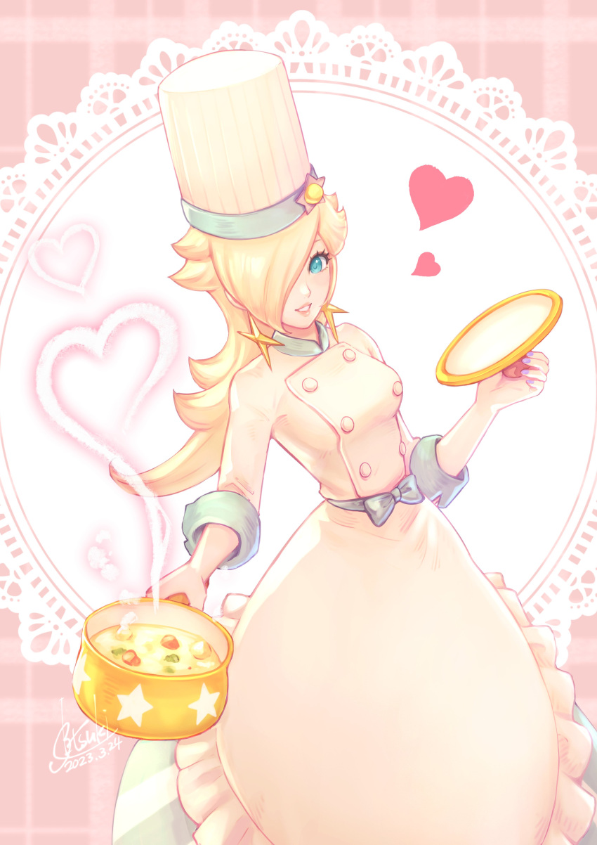1girl absurdres apron aqua_eyes artist_name blonde_hair blue_bow blue_nails blush bow buttons chef chef_hat commentary_request cooking_pot dated double-breasted dress earrings english_commentary eyelashes fingernails food frilled_apron frills gem hair_over_one_eye hat heart highres holding_cooking_pot jewelry lid long_hair long_sleeves looking_at_viewer mario_kart mario_kart_tour mixed-language_commentary nail_polish official_alternate_costume one_eye_covered parted_bangs parted_lips pink_background plaid plaid_background rosalina rosalina_(chef) signature sleeves_rolled_up smile solo soup star_(symbol) star_earrings steam super_mario_bros. swept_bangs tsuki_(applebeniakari) waist_apron white_apron white_dress white_headwear