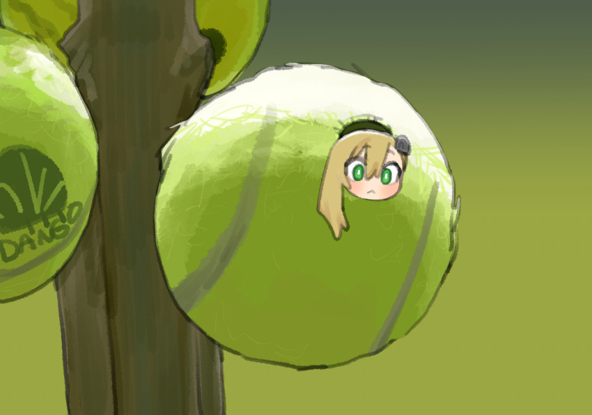 1girl :&lt; asymmetrical_bangs ball blonde_hair blurry blurry_background blush bright_pupils closed_mouth green_eyes highres in_container insect_hair_ornament looking_at_viewer matangom matangomu-chan minigirl original parody photo-referenced pillbug raised_eyebrows romaji_text single_sidelock solo tennis_ball white_pupils