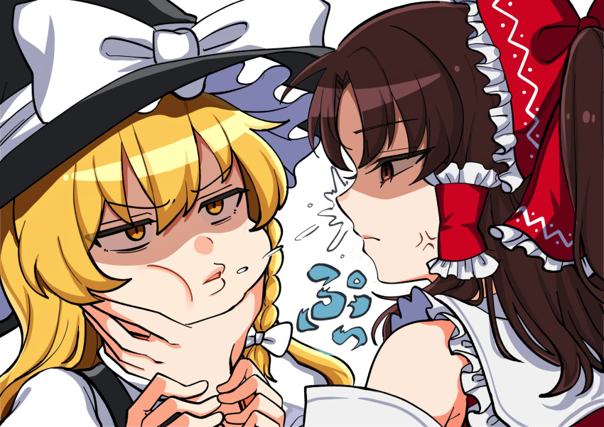 2girls anger_vein black_headwear blonde_hair bow brown_eyes closed_mouth detached_sleeves frilled_hat frills hair_bow hair_tubes hakurei_reimu hat hat_bow highres ishiki_nuru kirisame_marisa multiple_girls ponytail red_bow shaded_face sidelocks simple_background spitting touhou upper_body white_background white_bow yellow_eyes