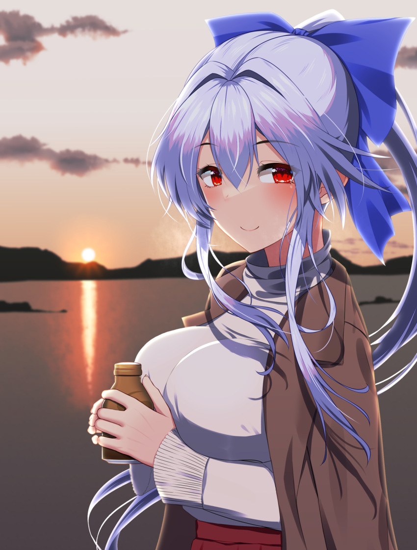 1girl blue_bow blush bottle bow breasts brown_coat clouds coat coat_on_shoulders commentary_request fate/grand_order fate_(series) grey_hair grey_sweater hair_between_eyes hair_bow happy_new_year highres holding holding_bottle huge_breasts kuroshiro_(ms-2420) long_hair looking_at_viewer ponytail red_eyes smile solo sweater tomoe_gozen_(fate) turtleneck turtleneck_sweater water