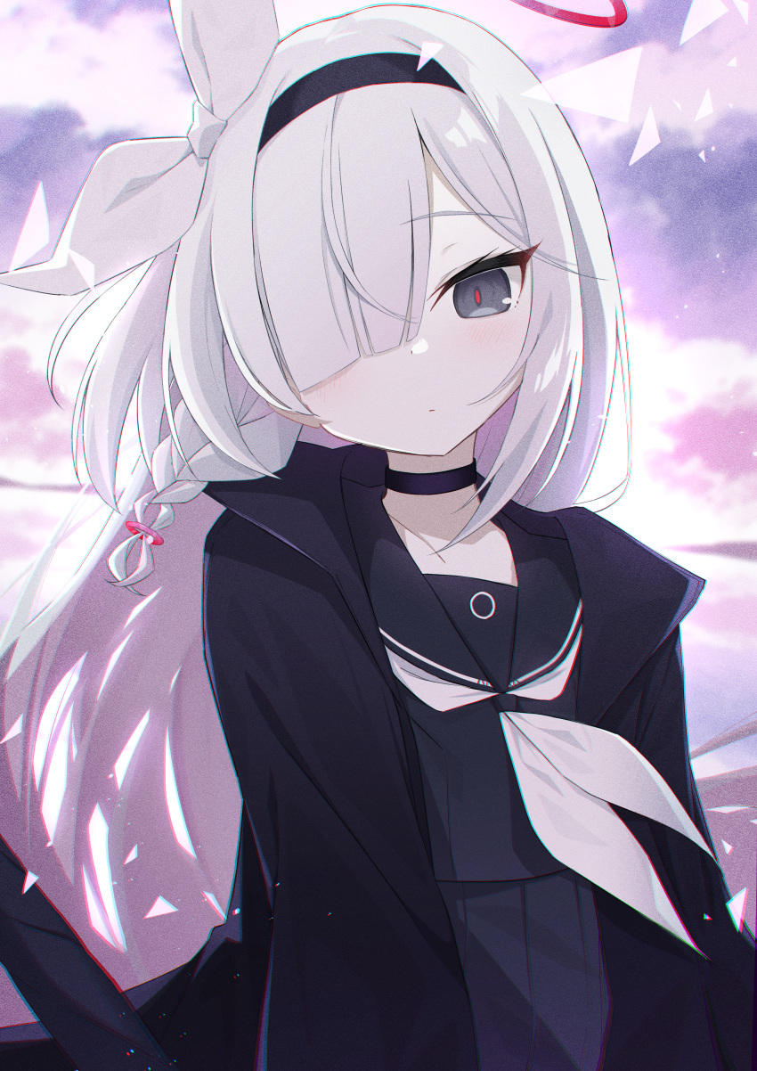 1girl a.r.o.n.a_(blue_archive) absurdres black_choker black_eyes black_hairband black_jacket black_serafuku blue_archive braid choker clouds colored_inner_hair commentary hair_over_one_eye hair_ribbon hairband halo highres jacket long_hair long_sleeves looking_at_viewer multicolored_hair neckerchief open_clothes open_jacket outdoors pink_hair red_pupils ribbon school_uniform serafuku single_braid sky toketacocoa white_hair white_neckerchief white_ribbon