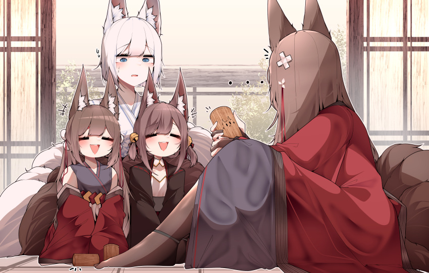 +_+ ... 4girls =_= @_@ age_difference akagi-chan_(azur_lane) amagi-chan_(azur_lane) amagi_(azur_lane) animal_ear_fluff animal_ears azur_lane bandaid bandaid_on_head bell black_kimono blue_eyes blush brown_hair brown_tail commentary cup floor fox_ears fox_girl fox_tail hair_ornament happy highres holding holding_cup indoors japanese_clothes kaga_(azur_lane) kimono kyuubi long_hair looking_at_another multiple_girls multiple_tails on_floor open_mouth pantyhose print_kimono red_kimono samip shirt short_hair sidelocks sitting smile tail teeth upper_teeth_only white_hair white_kimono white_tail wooden_cup