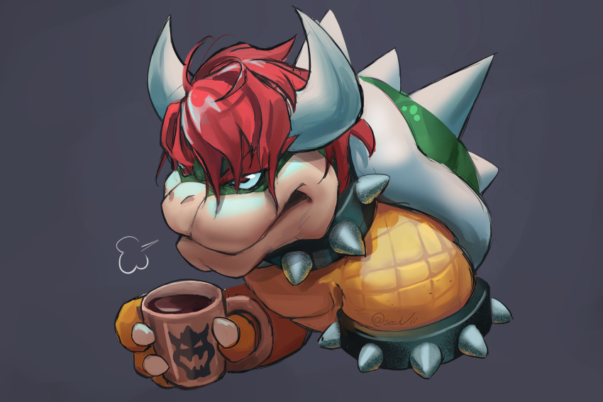 1boy armlet bowser claws cup grey_background hair_down highres holding holding_cup horns male_focus messy_hair redhead scarvii simple_background solo spiked_armlet spiked_shell super_mario_bros. twitter_username upper_body