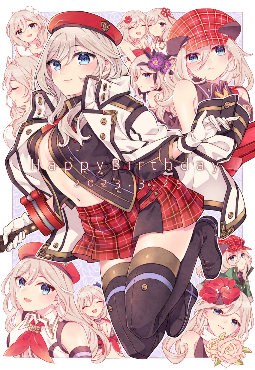 1girl alisa_ilinichina_amiella alisa_ilinichina_amiella_(cosplay) bare_shoulders blonde_hair blue_eyes boots breasts cabbie_hat checkered_clothes checkered_headwear cosplay elbow_gloves fingerless_gloves gloves god_eater happy_birthday hat highres huge_weapon io_(1033k) long_sleeves looking_at_viewer plaid plaid_headwear plaid_skirt skirt suspenders suspenders_slip thigh_boots under_boob weapon