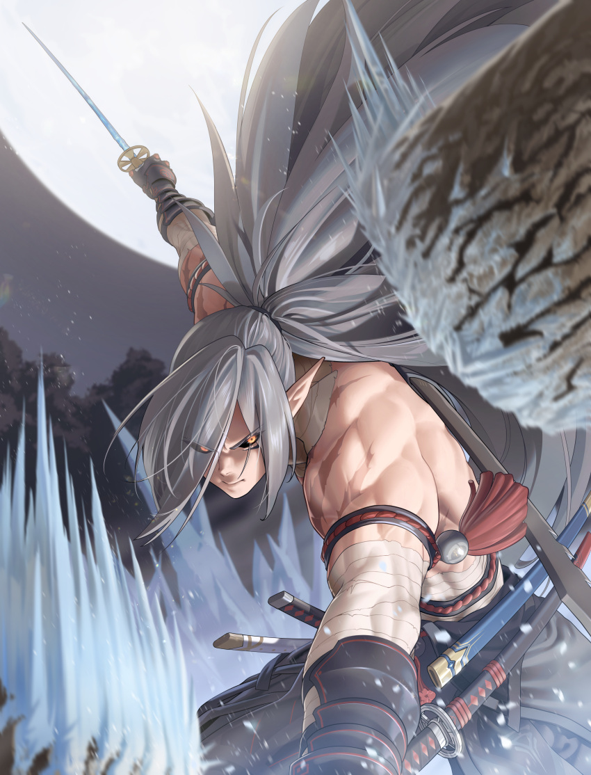 1boy absurdres black_gloves black_pants character_request closed_mouth epic_seven eyes_visible_through_hair fighting_stance forehead full_moon gloves grey_hair highres holding holding_sword holding_weapon ice katana light_particles long_hair long_pointy_ears looking_at_viewer manda_(luts7602) moon multiple_weapons muscular muscular_male night night_sky outdoors outstretched_arms pants pointy_ears scar scar_on_arm serious sky slicing solo spread_legs standing sword topless_male v-shaped_eyebrows weapon