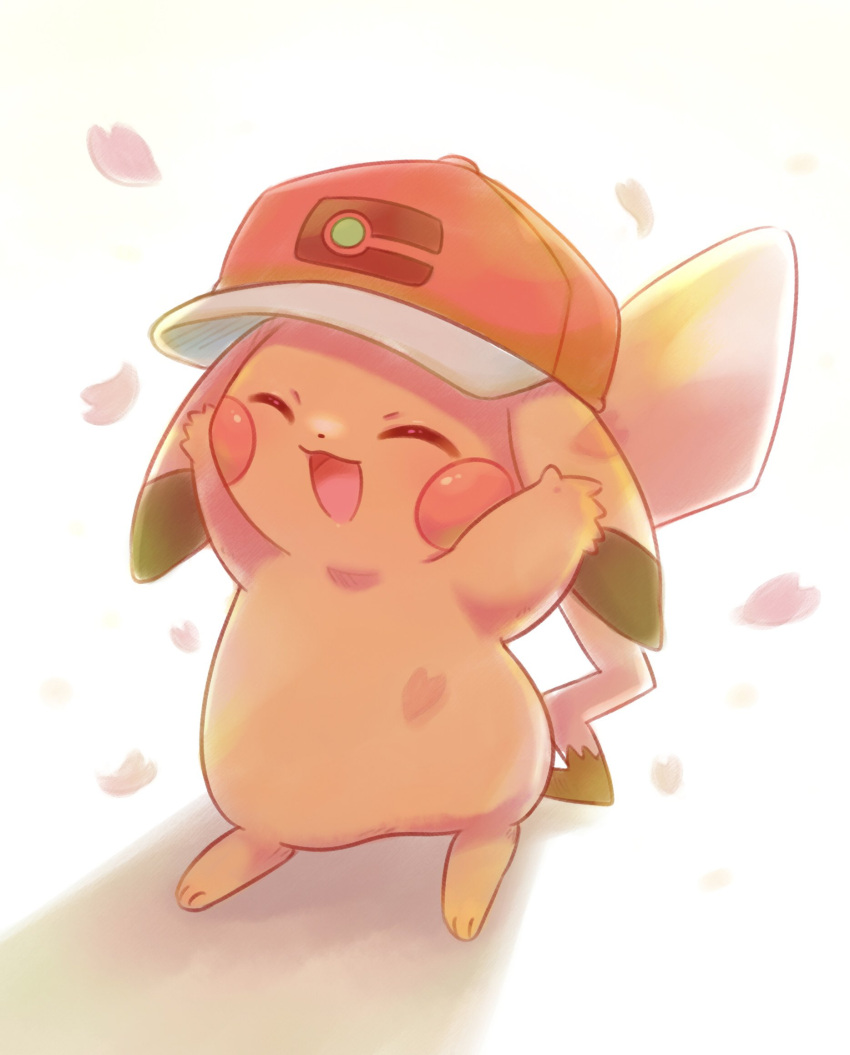 :d arms_up baseball_cap cherry_blossoms closed_eyes commentary falling_petals full_body hat highres open_mouth petals pikachu pokemon pokemon_(anime) pokemon_(creature) red_headwear shadow shii_(no-va_could) simple_background smile solo