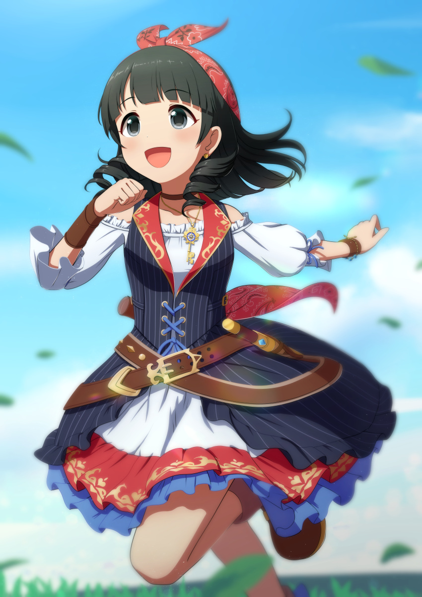 1girl absurdres black_dress black_hair blunt_bangs blurry blurry_background blurry_foreground blush boots clouds cloudy_sky dot_nose dress drill_hair falling_leaves grass hair_over_shoulder hair_ribbon highres idolmaster idolmaster_cinderella_girls idolmaster_cinderella_girls_starlight_stage jewelry key_necklace knife layered_dress leaf long_hair long_sleeves looking_at_another necklace open_mouth piercing red_ribbon ribbon running sky smile solo ujiie_mutsumi user_csvs4722 wristband