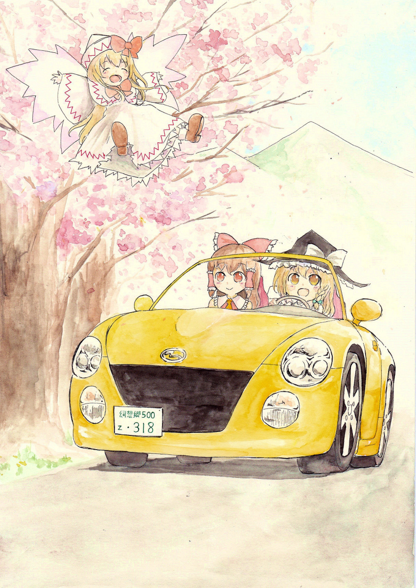 3girls absurdres black_headwear blonde_hair bow braid car cherry_blossoms closed_eyes closed_mouth dress ground_vehicle hair_bow hair_tubes hakurei_reimu hat hat_bow highres kirisame_marisa lily_white long_sleeves motor_vehicle mountain multiple_girls open_mouth outdoors outstretched_arms red_bow red_eyes side_braid sidelocks single_braid smile touhou traditional_media tree white_bow white_dress white_headwear white_wings wings witch_hat yellow_eyes yoko_jzz30