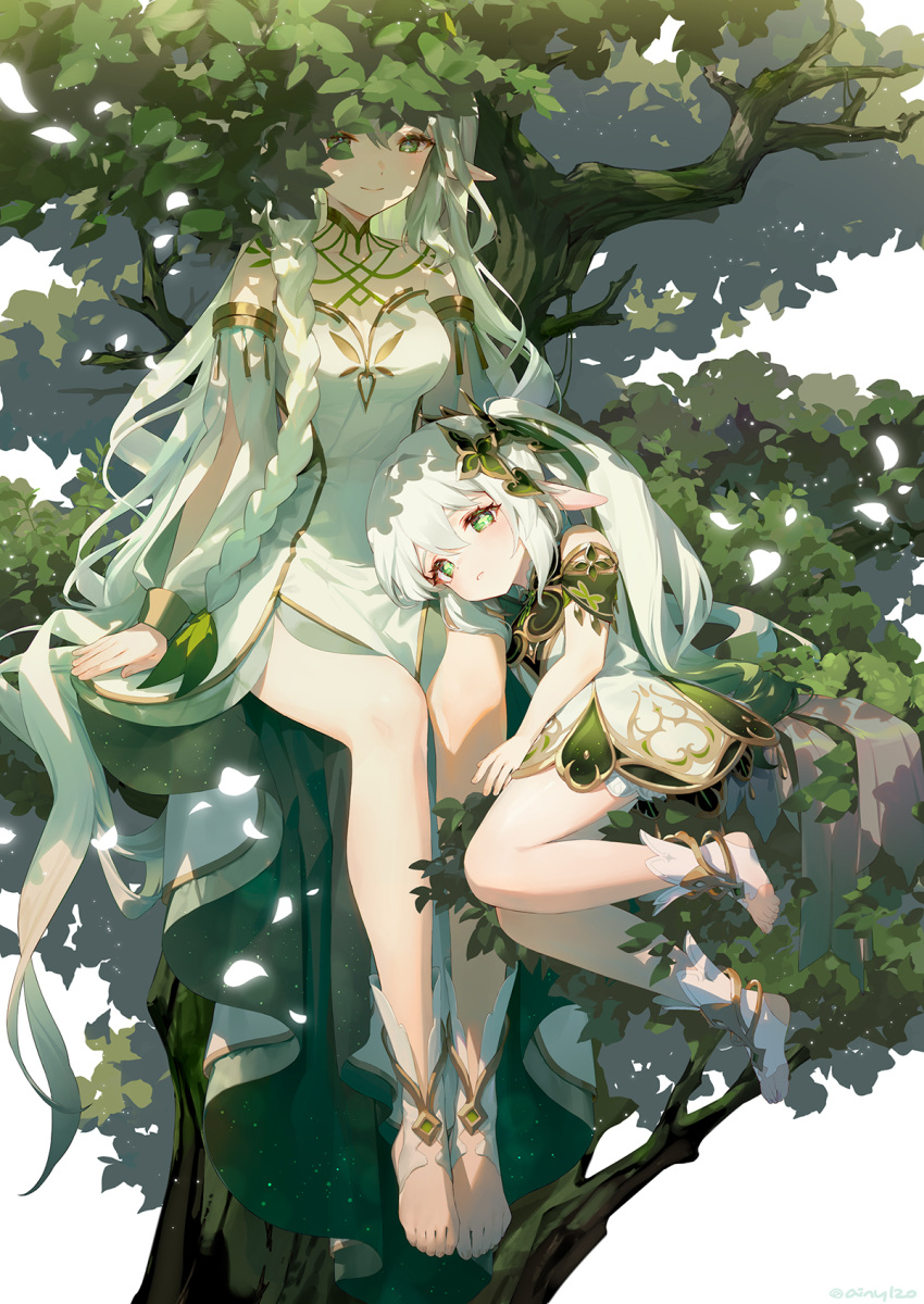 2girls ainy bare_shoulders blush bracelet braid branch breasts cape character_request closed_mouth detached_sleeves dress fingernails genshin_impact gold_bracelet green_cape green_eyes green_hair hair_between_eyes hair_ornament heart heart_hair_ornament highres jewelry leaf leaf_hair_ornament long_hair long_sleeves looking_at_viewer lying medium_breasts multicolored_hair multiple_girls nahida_(genshin_impact) on_side petals ponytail puffy_detached_sleeves puffy_long_sleeves puffy_sleeves rukkhadevata_(genshin_impact) short_sleeves side_ponytail sidelocks single_braid sitting smile teeth toenails tree two-tone_hair white_background white_dress white_hair