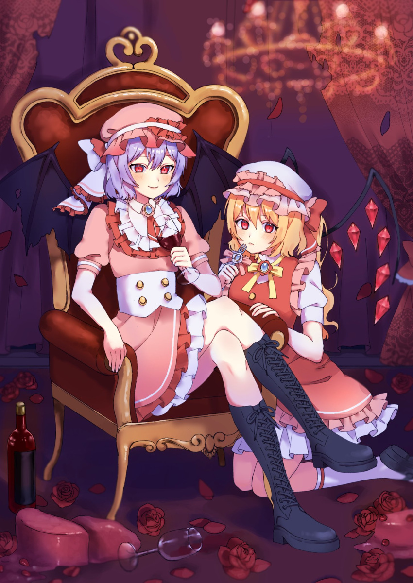 2girls :&lt; bat_wings black_footwear blonde_hair blue_gemstone blush boots bottle bow bowtie brooch chandelier closed_mouth collared_dress commentary cross-laced_footwear crossed_legs crystal cup curtains dress drinking_glass flandre_scarlet flower fork frilled_dress frills full_body gem hair_between_eyes hat hat_bow highres holding holding_cup holding_fork indoors jewelry knee_boots kneehighs kneeling long_hair looking_at_viewer mary_janes mob_cap multiple_girls one_side_up petals pink_dress pink_headwear puffy_short_sleeves puffy_sleeves purple_hair red_bow red_dress red_eyes red_flower red_rose remilia_scarlet rose rose_petals shiro0_0iro shirt shoes short_hair short_sleeves siblings sisters sitting sleeve_cuffs sleeveless sleeveless_dress socks throne touhou white_headwear white_shirt white_socks wine_bottle wine_glass wings yellow_bow yellow_bowtie