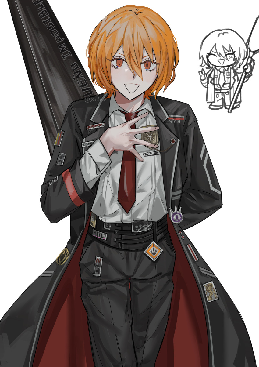 1girl absurdres arm_behind_back badge black_coat black_pants blonde_hair button_badge chibi closed_eyes coat collared_shirt commentary_request cowboy_shot don_quixote_(limbus_company) flat_chest fushimi_arata hair_between_eyes hand_on_own_chest highres lance limbus_company long_sleeves looking_at_viewer name_tag necktie open_clothes open_coat open_mouth orange_eyes pants polearm project_moon red_necktie shirt short_hair simple_background smile twitter_username weapon white_background white_shirt