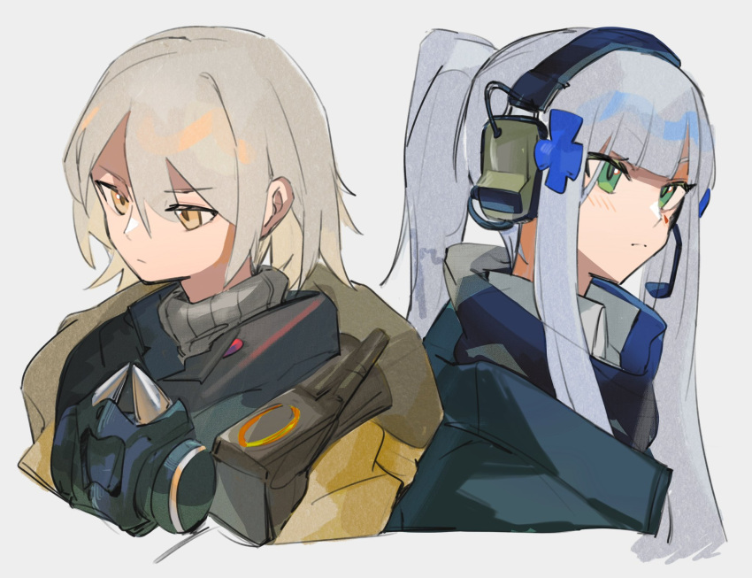 2girls agent_416_(girls'_frontline) agent_vector_(girls'_frontline) back-to-back blush chesed_(uporyz) commentary_request expressionless facial_mark girls_frontline green_eyes grey_background grey_hair hair_ornament headset highres hk416_(girls'_frontline) jacket light_brown_hair long_hair mask mask_around_neck multiple_girls ponytail sidelocks simple_background tom_clancy's_the_division upper_body vector_(girls'_frontline) yellow_eyes