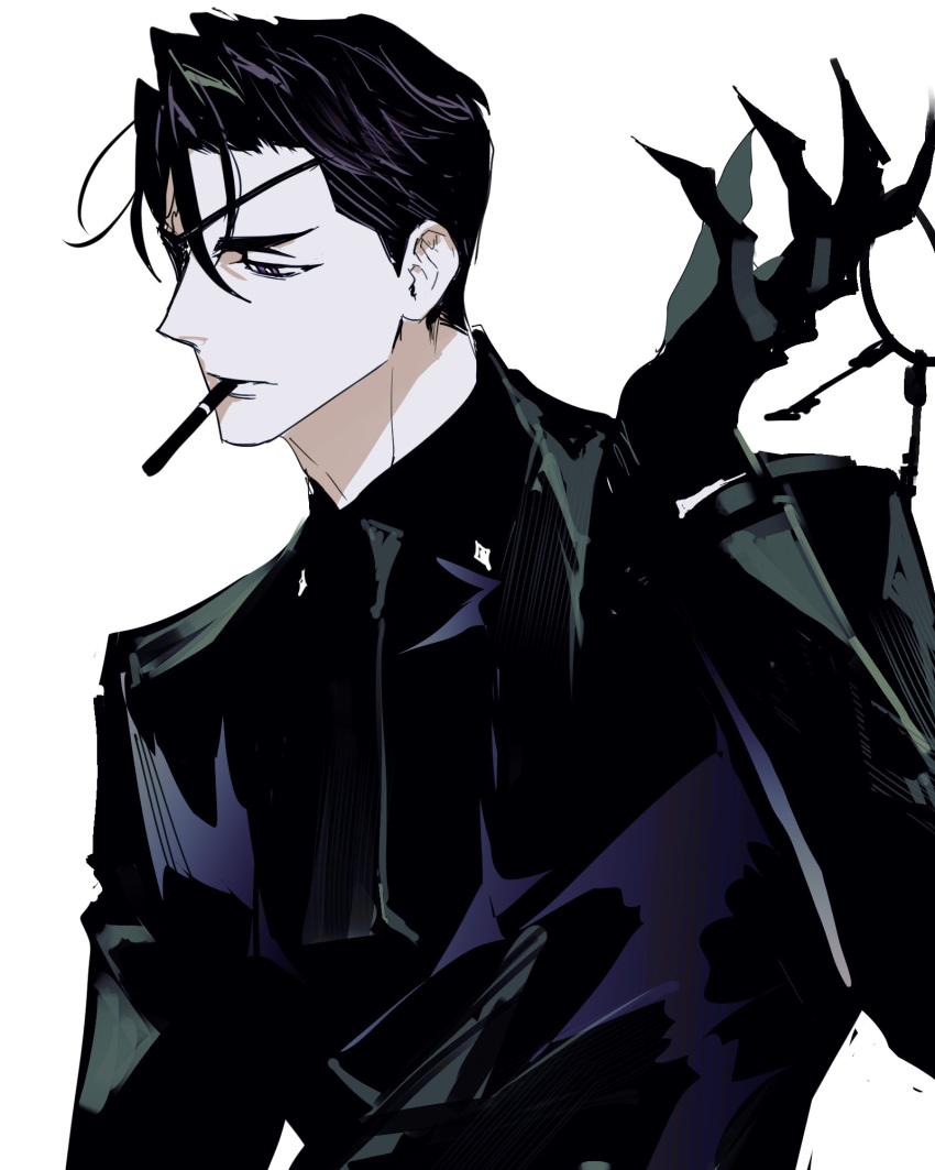 1boy black_gloves black_hair black_jacket black_necktie black_shirt cigar claws collared_shirt eyepatch gloves highres jacket key keyring long_sleeves looking_at_viewer male_focus necktie original remsrar shirt simple_background solo upper_body violet_eyes white_background