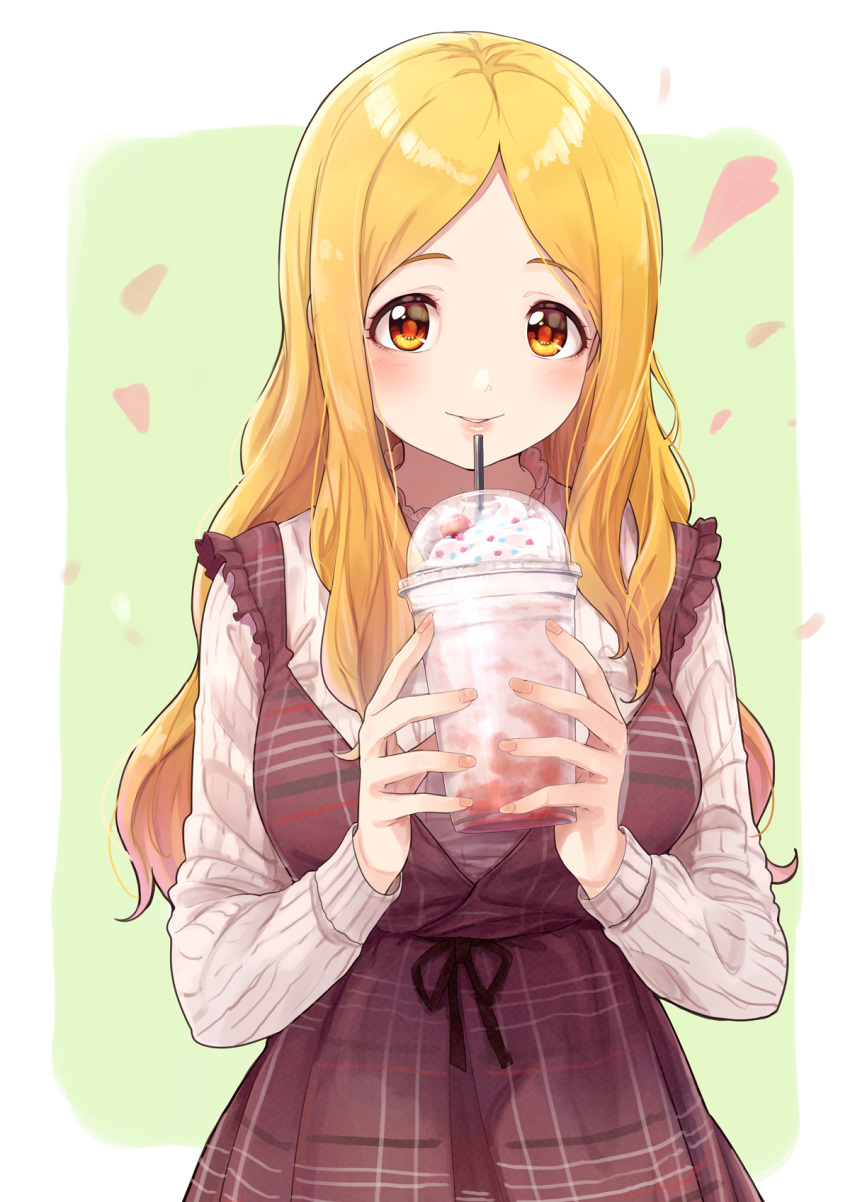 1girl blonde_hair blush bow cherry cup dot_nose dress drinking_straw falling_petals food fruit grey_background grid_background highres holding holding_cup ice_cream idolmaster idolmaster_cinderella_girls idolmaster_cinderella_girls_starlight_stage long_hair long_sleeves looking_at_viewer mochizuki_hijiri parted_bangs parted_lips peppe petals plaid plaid_dress red_dress red_eyes simple_background smile solo standing waist_bow white_background