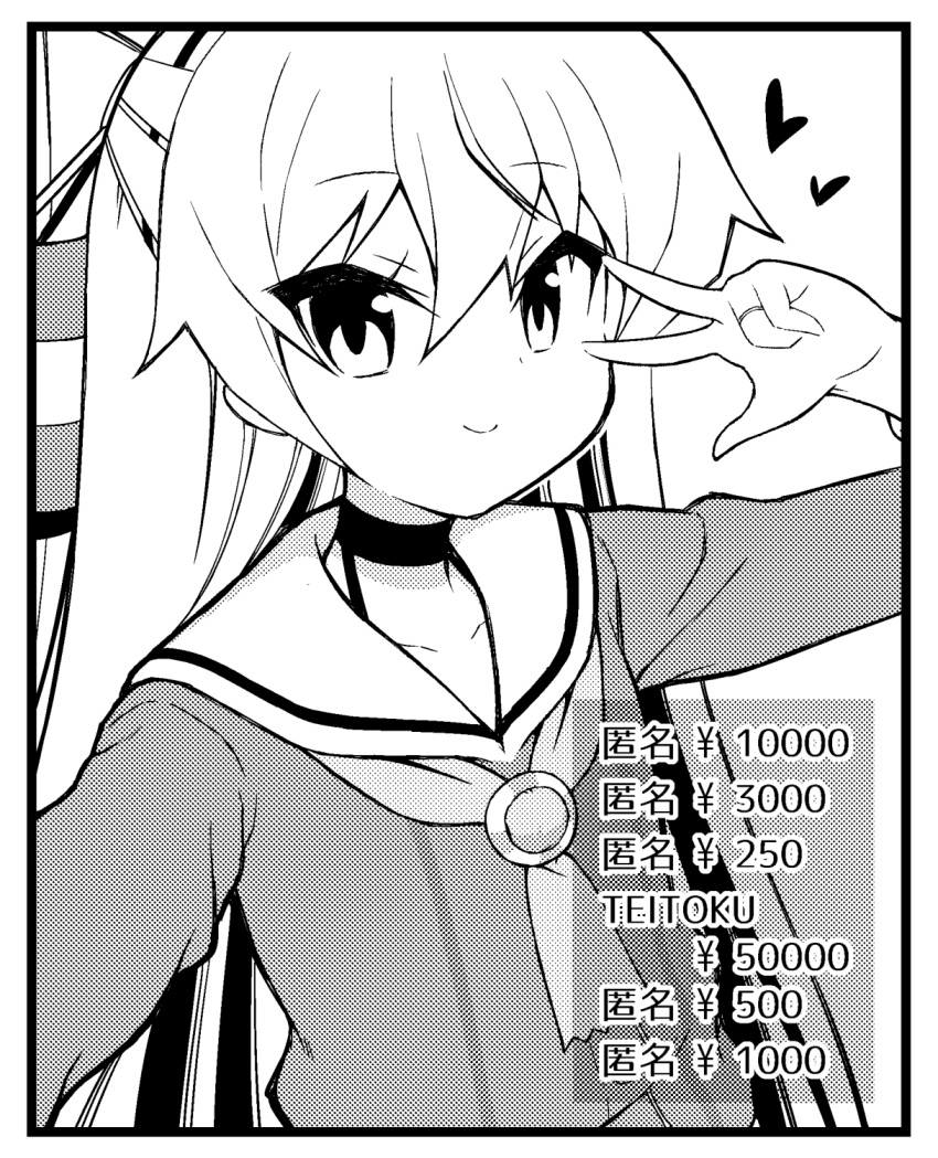 1girl amatsukaze_(kancolle) ataru_(ataru-littlebird) choker commentary_request dress greyscale hair_tubes highres kantai_collection lifebuoy_ornament looking_at_viewer monochrome neckerchief sailor_collar sailor_dress smile smokestack_hair_ornament solo translation_request two_side_up upper_body v_over_eye