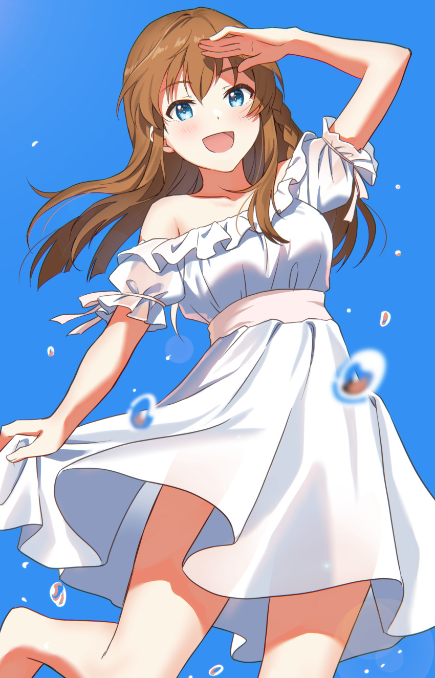 1girl :d absurdres arm_up bare_legs blue_background blue_eyes blush bow braid brown_hair collarbone dot_nose dress emu_(emum) frilled_dress frills highres idolmaster idolmaster_million_live! idolmaster_million_live!_theater_days kousaka_umi long_hair looking_at_viewer open_mouth short_sleeves simple_background skirt_hold smile solo standing standing_on_one_leg waist_bow water_drop white_dress
