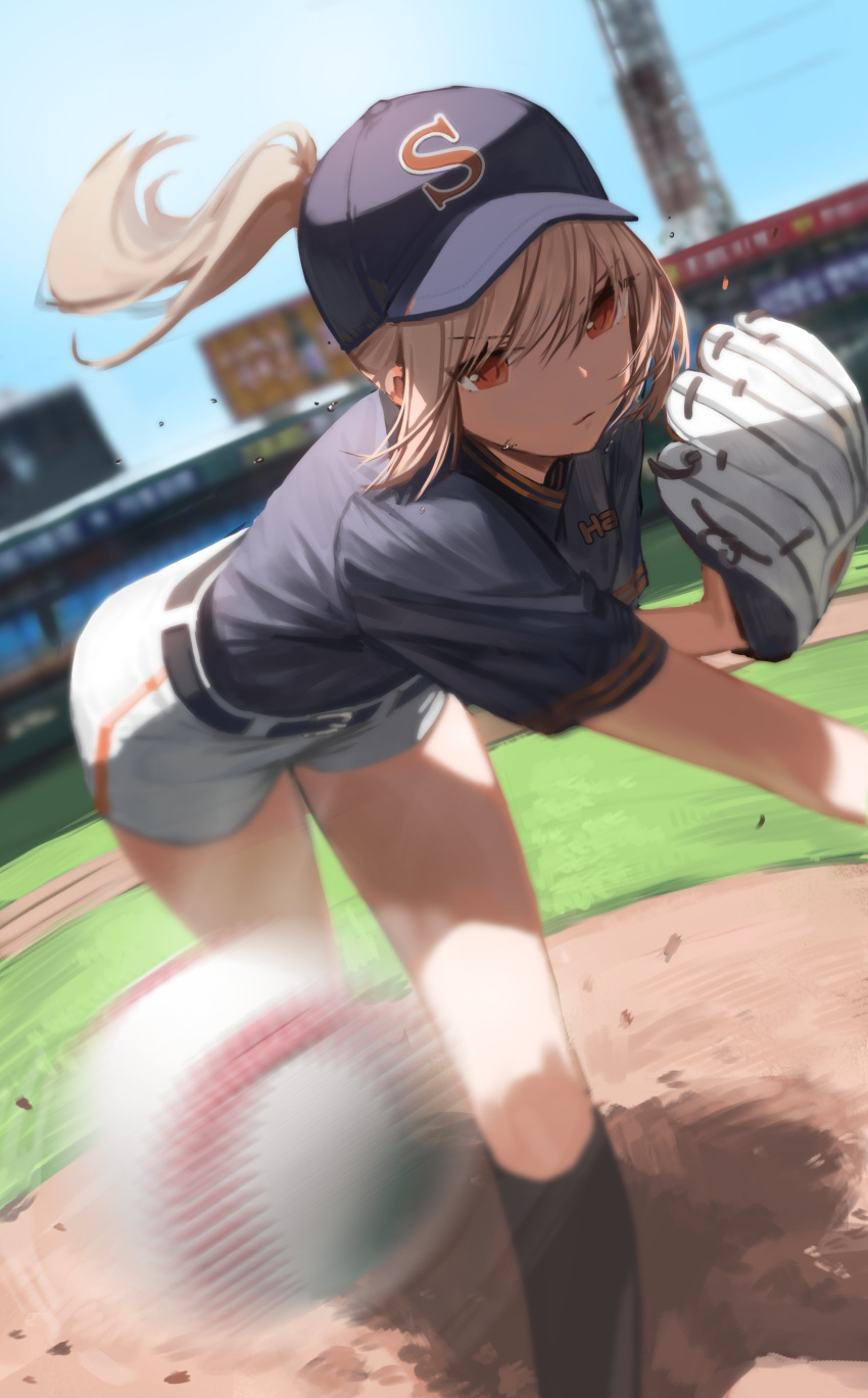 1girl absurdres baseball baseball_cap baseball_mitt baseball_stadium black_socks blonde_hair blue_sky blurry closed_mouth commentary_request depth_of_field dutch_angle eyes_visible_through_hair feet_out_of_frame flying_sweatdrops hair_over_eyes hat highres korean_commentary leaning_forward looking_ahead motion_blur original ponytail red_eyes seorang shaded shirt_tucked_in short_shorts shorts sidelocks sky socks solo standing thighs throwing v-shaped_eyebrows white_shorts