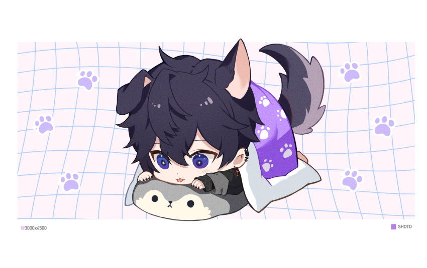 1boy 3000x4500 animal_ears black_hair black_nails blue_eyes chibi dog_boy dog_ears dog_tail highres indie_virtual_youtuber long_sleeves looking_at_viewer male_focus open_mouth short_hair shoto_(vtuber) sword_earrings tail virtual_youtuber