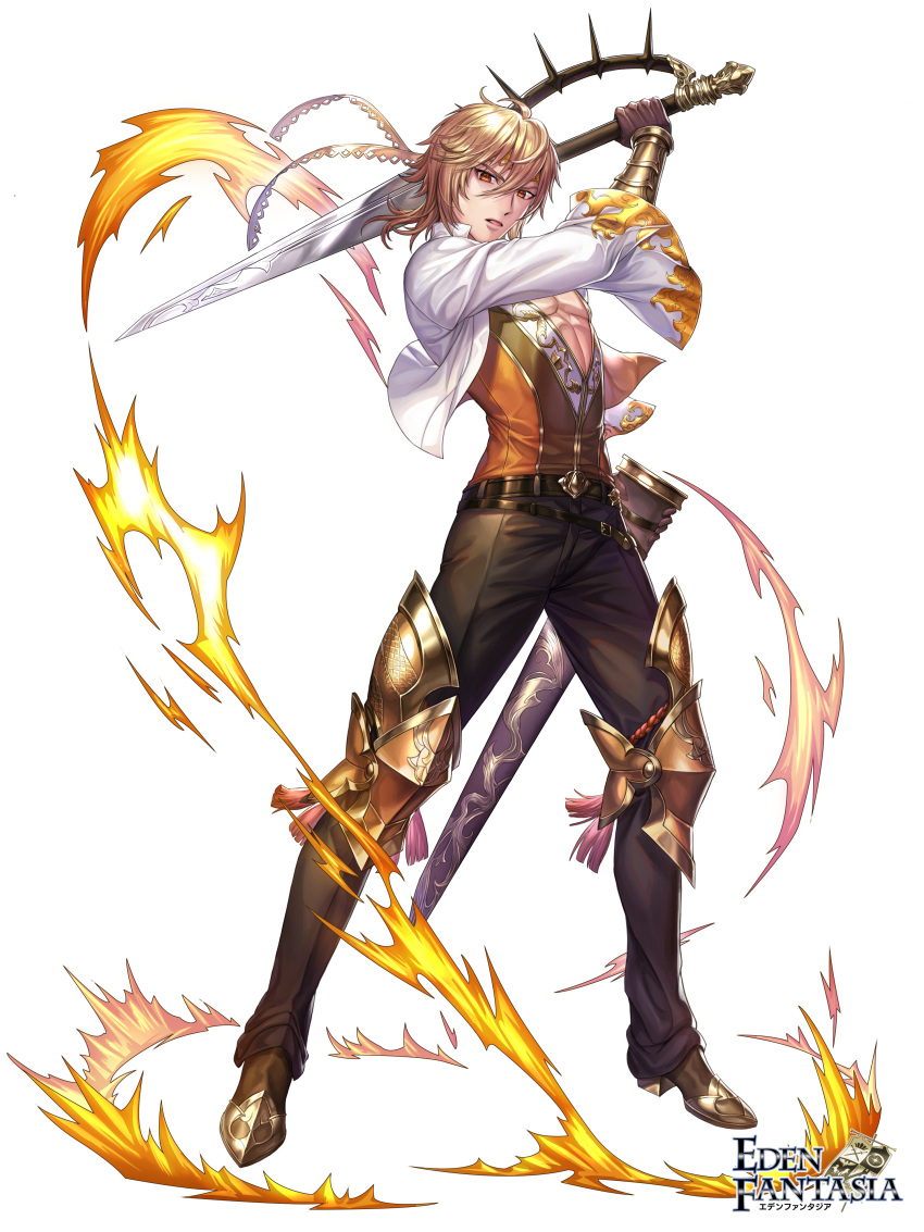 1boy absurdres belt black_pants blonde_hair box_(hotpppink) brown_gloves clyde_(eden_fantasia) eden_fantasia full_body gloves highres holding holding_sword holding_weapon jacket male_focus official_art open_clothes open_jacket open_shirt pants solo standing sword weapon white_jacket yellow_eyes