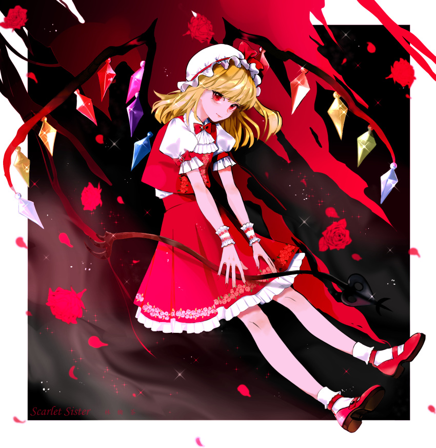 1girl ascot blonde_hair bow bowtie crystal english_commentary flandre_scarlet flower frilled_skirt frilled_sleeves frills full_body hands_on_own_legs hat hat_ribbon highres long_hair looking_at_viewer mary_janes mob_cap puffy_short_sleeves puffy_sleeves red_bow red_bowtie red_eyes red_flower red_footwear red_rose red_skirt red_vest ribbon ringocha rose shirt shoes short_sleeves skirt smile socks solo touhou vest white_ascot white_headwear white_shirt white_socks wings wrist_cuffs