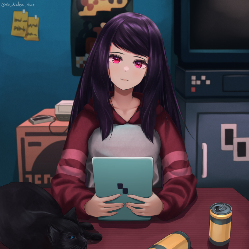 1girl absurdres animal black_cat black_hair can cat closed_mouth commentary english_commentary fore_(va-11_hall-a) head_tilt highres indoors jill_stingray long_hair long_sleeves looking_at_viewer mokuka_noe poster_(object) red_eyes red_sweater sitting solo sticky_note sweater table tablet_pc television twitter_username upper_body va-11_hall-a