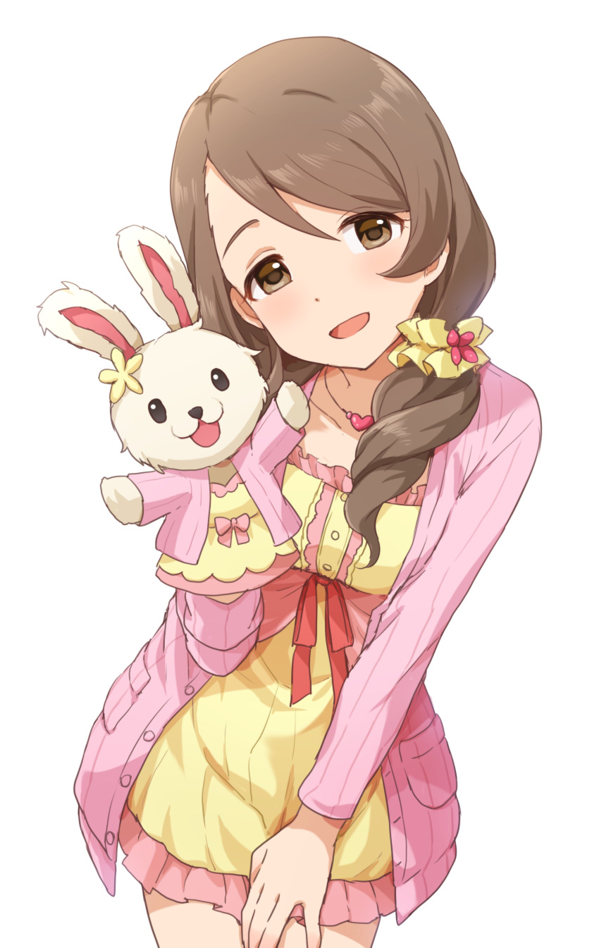 1girl absurdres brown_eyes brown_hair buchi_(y0u0ri_) cardigan collarbone dress frilled_dress frills hair_ornament hair_scrunchie hand_on_own_thigh hand_puppet hand_up heart heart_necklace highres idolmaster idolmaster_cinderella_girls idolmaster_cinderella_girls_starlight_stage jewelry leaning_forward long_hair long_sleeves looking_at_viewer low_ponytail mochida_arisa necklace open_cardigan open_clothes open_mouth pink_cardigan puppet rabbit red_ribbon ribbon scrunchie side_ponytail simple_background smile solo white_background yellow_dress