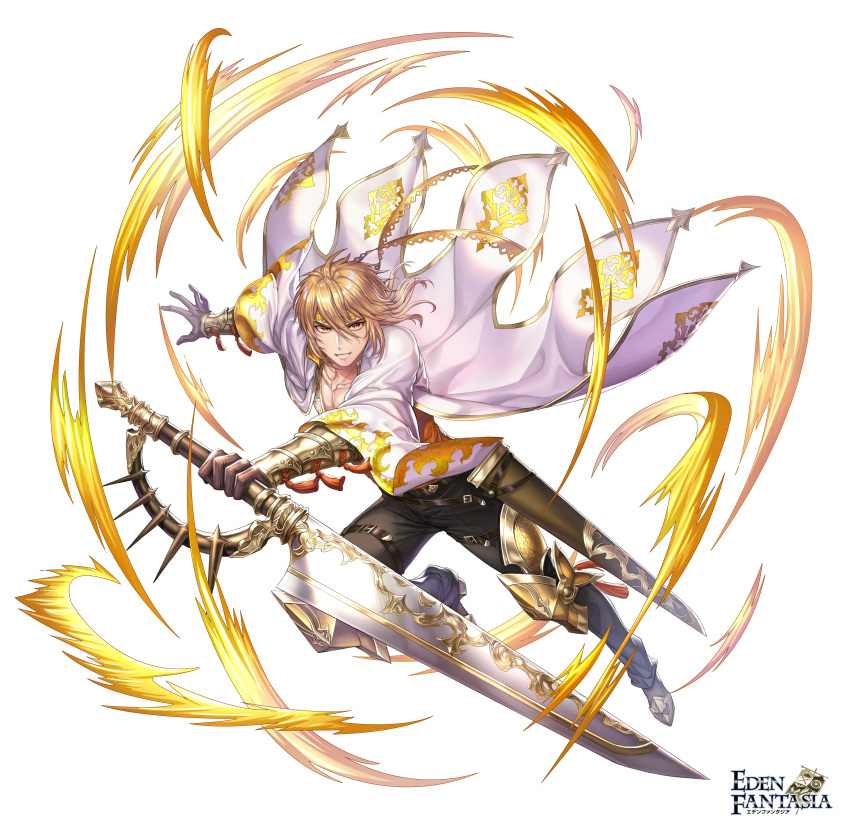 1boy absurdres black_pants blonde_hair box_(hotpppink) clyde_(eden_fantasia) commentary_request eden_fantasia full_body highres holding holding_sword holding_weapon jacket male_focus official_art open_clothes open_jacket pants solo sword weapon white_jacket yellow_eyes