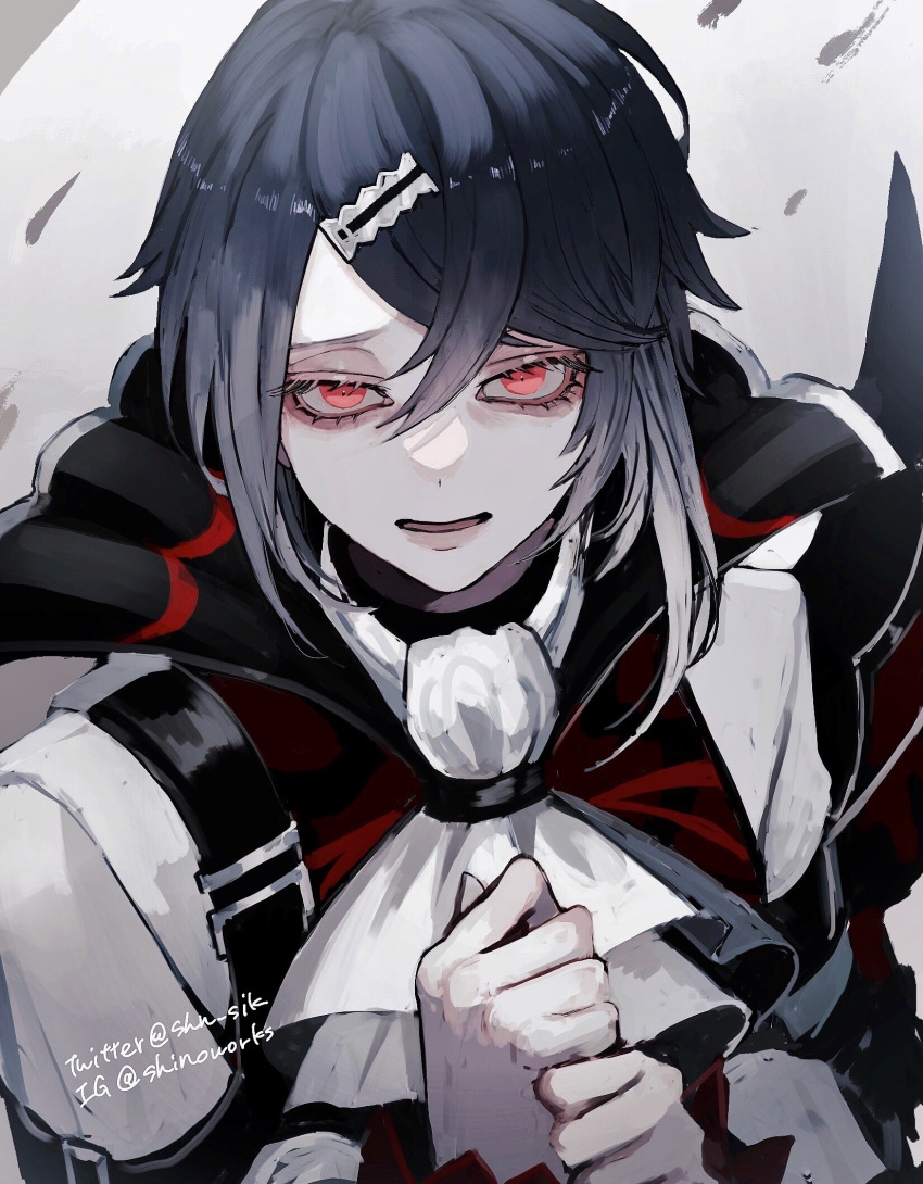 1boy alcryst_(fire_emblem) ascot asymmetrical_hair fire_emblem fire_emblem_engage hair_between_eyes hair_ornament hairclip high_collar highres looking_at_viewer male_focus medium_hair open_mouth own_hands_together pale_skin red_eyes shino_(shino-xx) simple_background solo upper_body