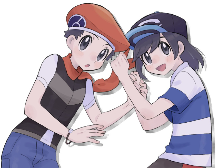 2boys :d :o beret black_hair blue_shirt blush bracelet commentary_request elio_(pokemon) grey_eyes hands_up hat holding_hands jewelry lucas_(pokemon) male_focus multiple_boys open_mouth pants poke_ball_print pokemon pokemon_(game) pokemon_dppt pokemon_sm sana_(37pisana) scarf shirt short_hair short_sleeves smile striped striped_shirt t-shirt