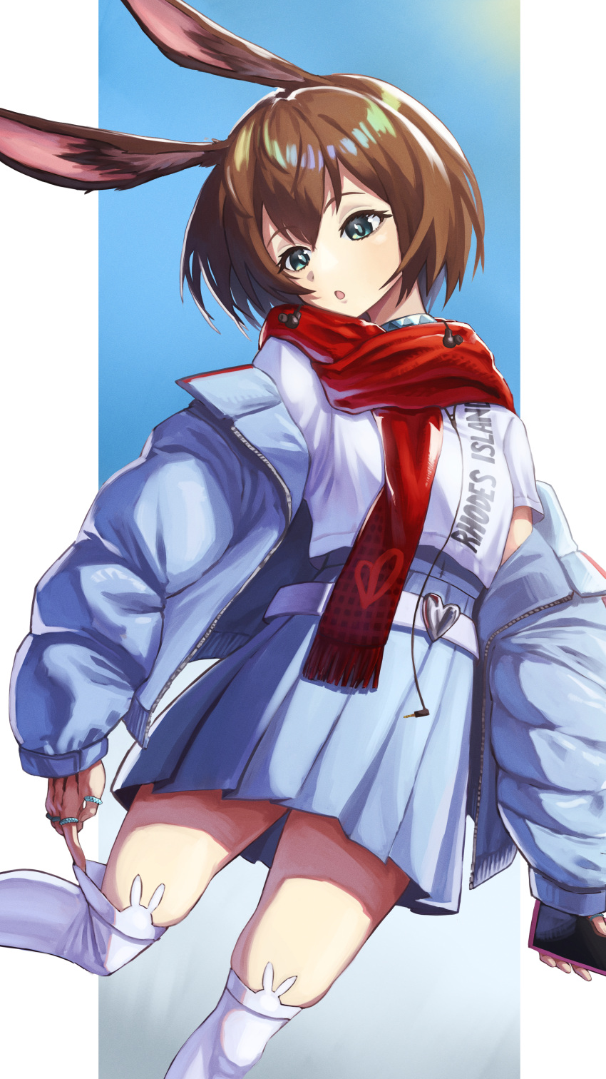 1girl :o absurdres amiya_(arknights) animal_ear_fluff animal_ear_legwear animal_ears arknights blue_eyes blue_jacket blue_skirt brown_hair cellphone commentary_request down_jacket feet_out_of_frame fringe_trim hair_between_eyes heart highres holding holding_phone jacket long_sleeves looking_away looking_down off_shoulder open_clothes open_jacket parted_lips phone pleated_skirt puffy_long_sleeves puffy_sleeves rabbit_ear_legwear rabbit_ears red_scarf scarf shirahari shirt skirt sleeves_past_wrists solo standing standing_on_one_leg thigh-highs white_shirt white_thighhighs
