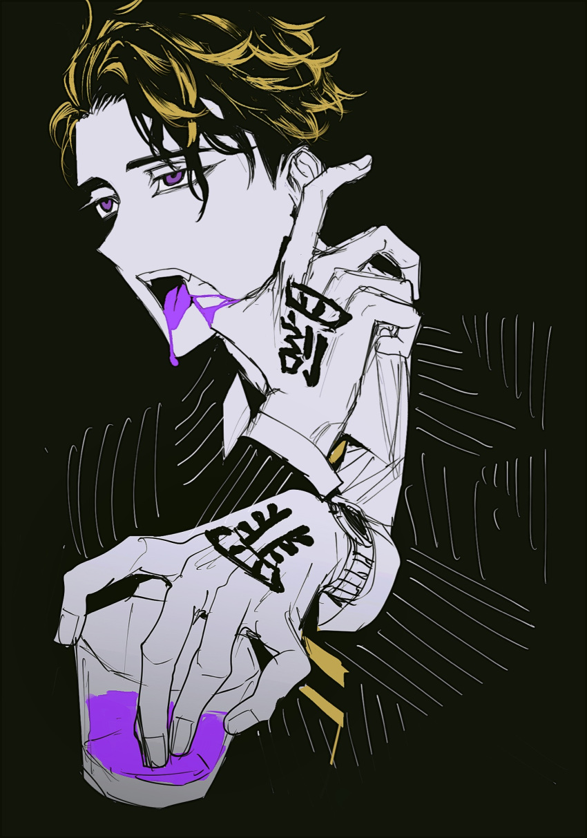 1boy black_background black_jacket blonde_hair collared_shirt colored_tongue cup fingernails formal hand_tattoo hanma_shuuji highres holding holding_cup jacket liquid_from_mouth long_sleeves looking_to_the_side male_focus multicolored_hair necktie open_mouth pinstripe_jacket pinstripe_pattern pinstripe_suit purple_tongue remsrar shirt solo streaked_hair striped striped_necktie suit tattoo teeth tokyo_revengers violet_eyes watch watch white_shirt