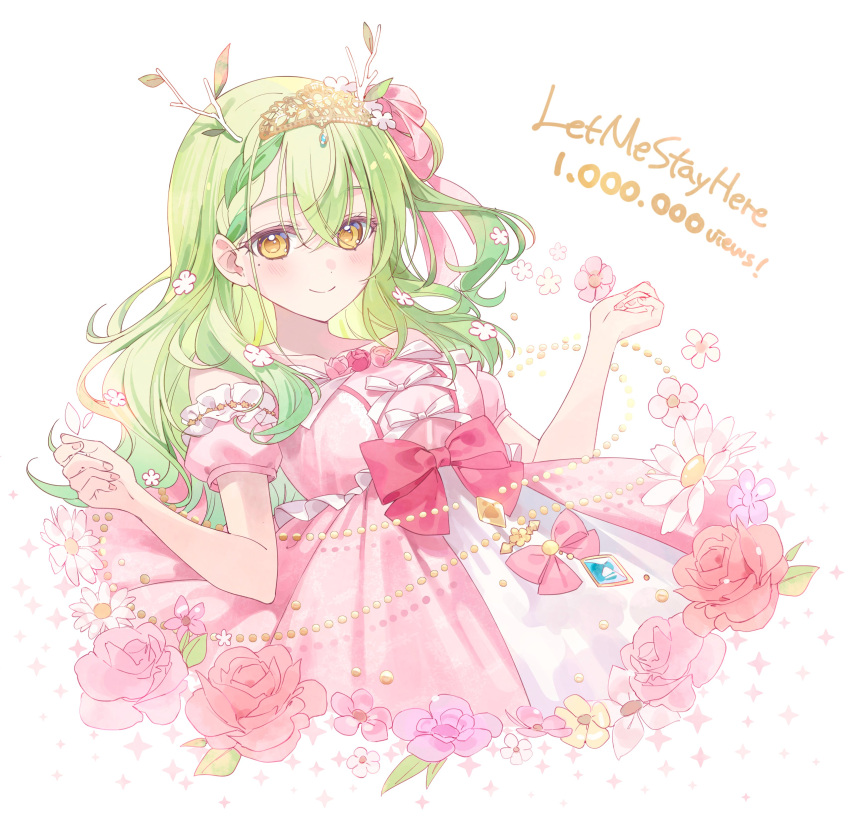 1girl a20_(atsumaru) absurdres antlers blush bow ceres_fauna commentary detached_sleeves dress english_commentary flower green_hair hair_flower hair_ornament highres hololive hololive_english long_hair mole mole_under_eye pink_bow pink_dress pink_flower pink_sleeves smile solo tiara virtual_youtuber yellow_eyes