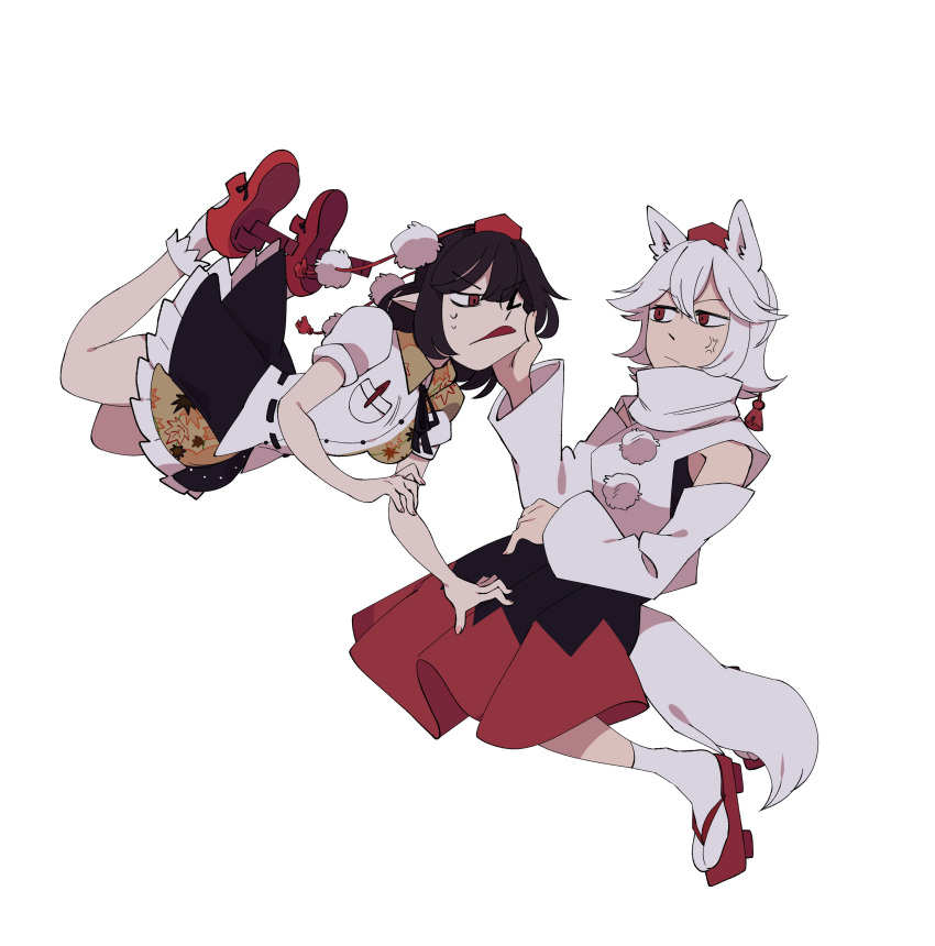 2girls absurdres anger_vein animal_ears black_hair black_skirt cheek_pull detached_sleeves floating fox_ears fox_tail hand_on_another's_cheek hand_on_another's_face highres inubashiri_momiji long_sleeves multiple_girls pen_in_pocket pom_pom_(clothes) red_eyes red_footwear red_headwear shameimaru_aya shirt short_hair short_sleeves skirt socks tail tengu touhou vousser white_background white_hair white_shirt white_socks