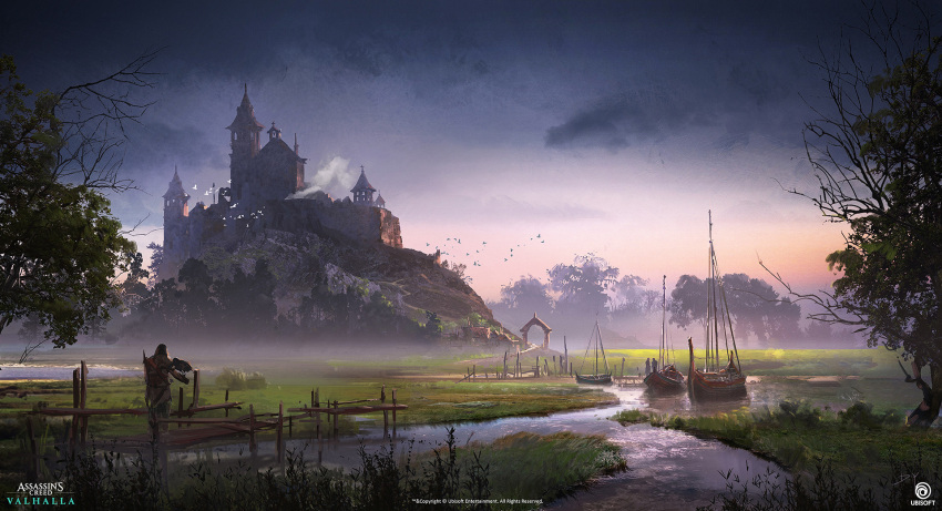 1boy assassin's_creed:_valhalla assassin's_creed_(series) boat castle company_name concept_art copyright_name donglu english_text european_architecture grass grey_sky highres outdoors tree water watercraft watermark
