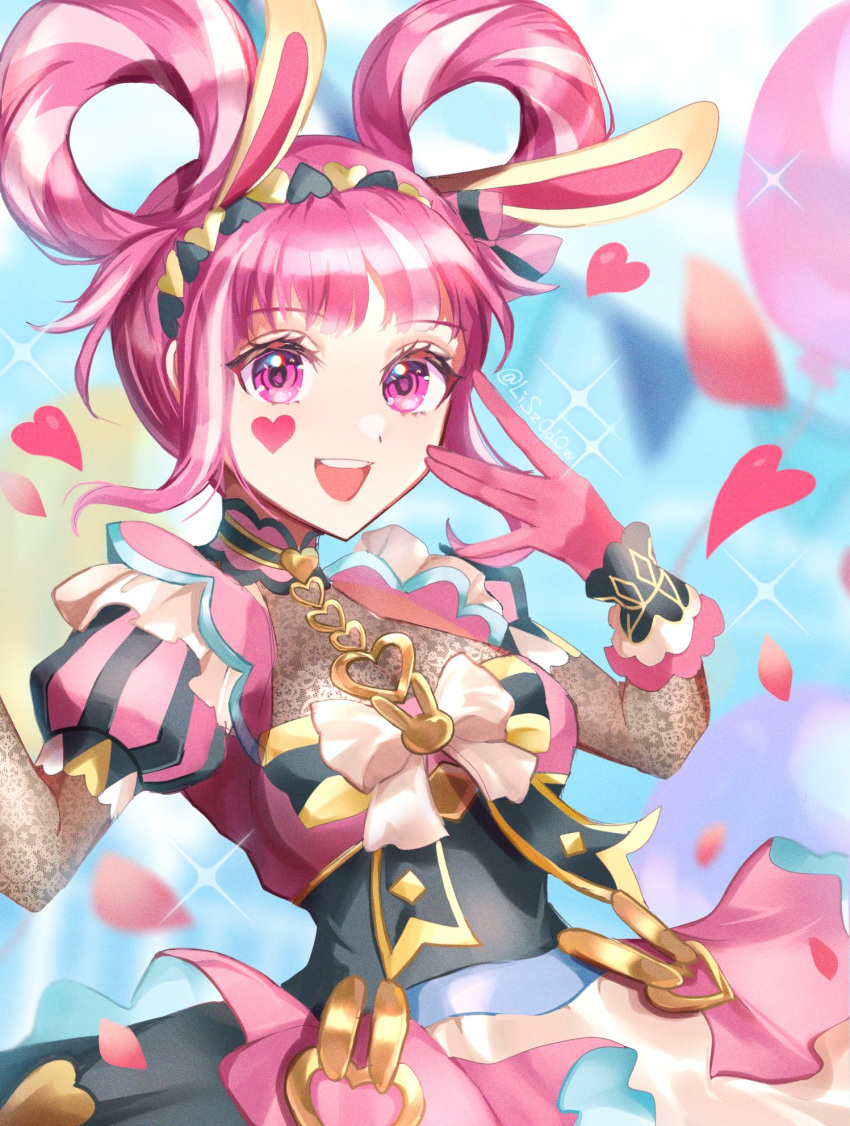 1girl alternate_costume animal_ears black_dress dress fake_animal_ears fire_emblem fire_emblem_engage heart highres hortensia_(fire_emblem) looking_at_viewer open_mouth pink_dress pink_eyes pink_hair puffy_short_sleeves puffy_sleeves rabbit_ears rabbit_ornament ribbon short_sleeves sidelocks smile solo sparkle_background upper upper_body white_hair youhei_choregi