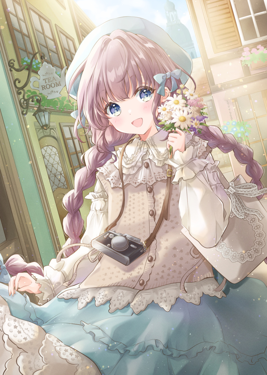 1girl blush bow braid camera camera_around_neck flower frilled_shirt frills hair_bow happy hat highres holding holding_flower hoshiibara_mato lace-trimmed_shirt lace_trim lantern light_particles looking_to_the_side low_twin_braids open_mouth original outdoors purple_hair shirt sign skirt sky spring_(season) sunlight twin_braids violet_eyes