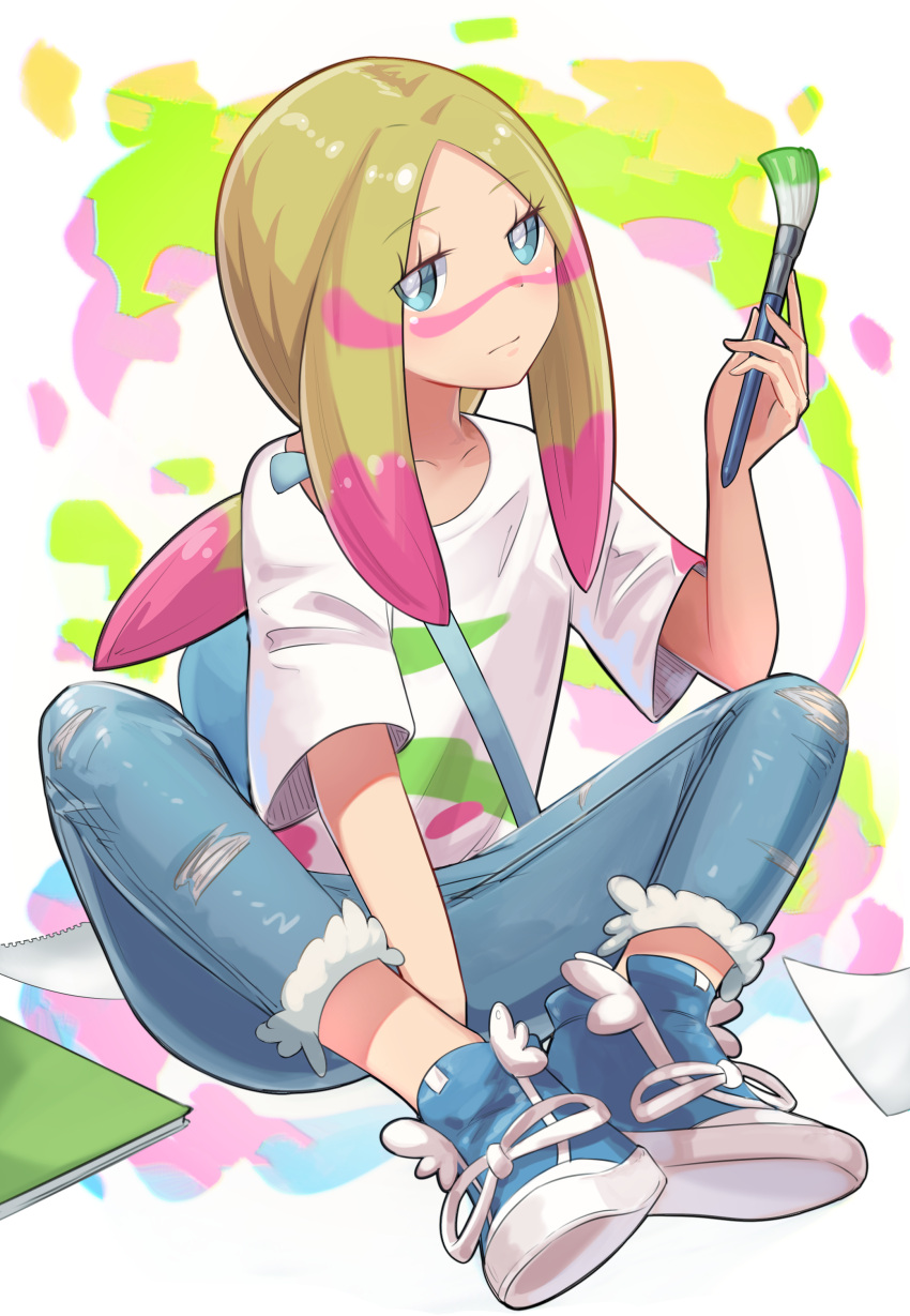 1girl absurdres arm_support blonde_hair blue_bag blue_eyes blue_footwear collarbone denim highres holding holding_paintbrush jeans kenko_(a143016) long_hair looking_at_viewer low_ponytail mina_(pokemon) paint_on_clothes paint_splatter paint_splatter_on_face paintbrush pants parted_bangs pokemon shirt shoes short_sleeves sitting sketchbook sneakers torn_clothes torn_jeans torn_pants white_shirt