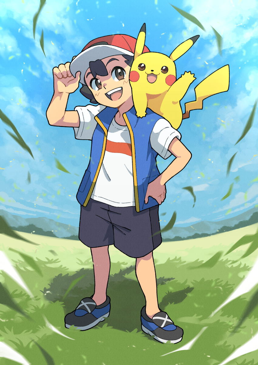 1boy :d absurdres ash_ketchum black_hair brown_eyes clouds commentary_request day falling_leaves grass hand_on_headwear hand_on_hip hand_up hat highres leaf male_focus nakachiruno open_mouth outdoors pikachu pokemon pokemon_(anime) pokemon_(creature) pokemon_journeys red_headwear shirt shoes short_hair short_sleeves shorts sky smile standing t-shirt teeth tongue upper_teeth_only white_shirt
