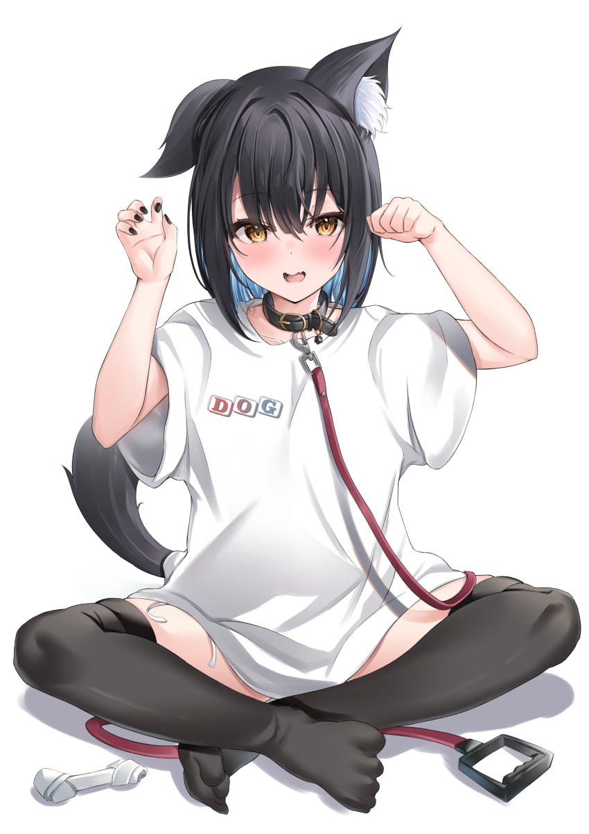 1girl absurdres animal_collar animal_ear_fluff animal_ears black_hair black_nails black_thighhighs clothes_writing collar dog_ears dog_girl dog_tail fang full_body highres indian_style leash nekoya_minamo no_pants original paw_pose shirt short_hair short_sleeves simple_background sitting skin_fang solo tail thigh-highs white_background white_shirt yellow_eyes