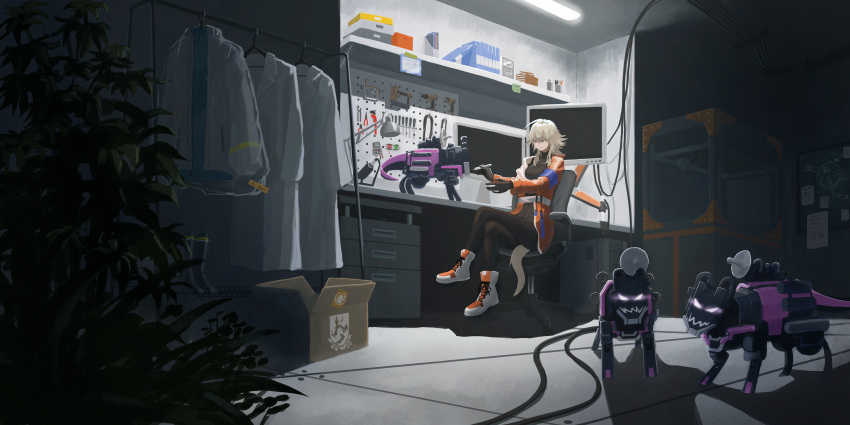 1girl 3d_printer absurdres arknights armband black_gloves black_pantyhose black_sweater boots box breasts cabinet cable cardboard_box ceiling_light chair clothes_hanger clothes_rack crossed_legs folder gloves grey_hair high_tops highres indoors jacket labcoat long_hair mayer_(arknights) medium_breasts monitor office_chair open_clothes open_jacket orange_jacket pantyhose plant power_drill robot screwdriver shoes sitting sneakers solo sweater swivel_chair tail wrench yakupan
