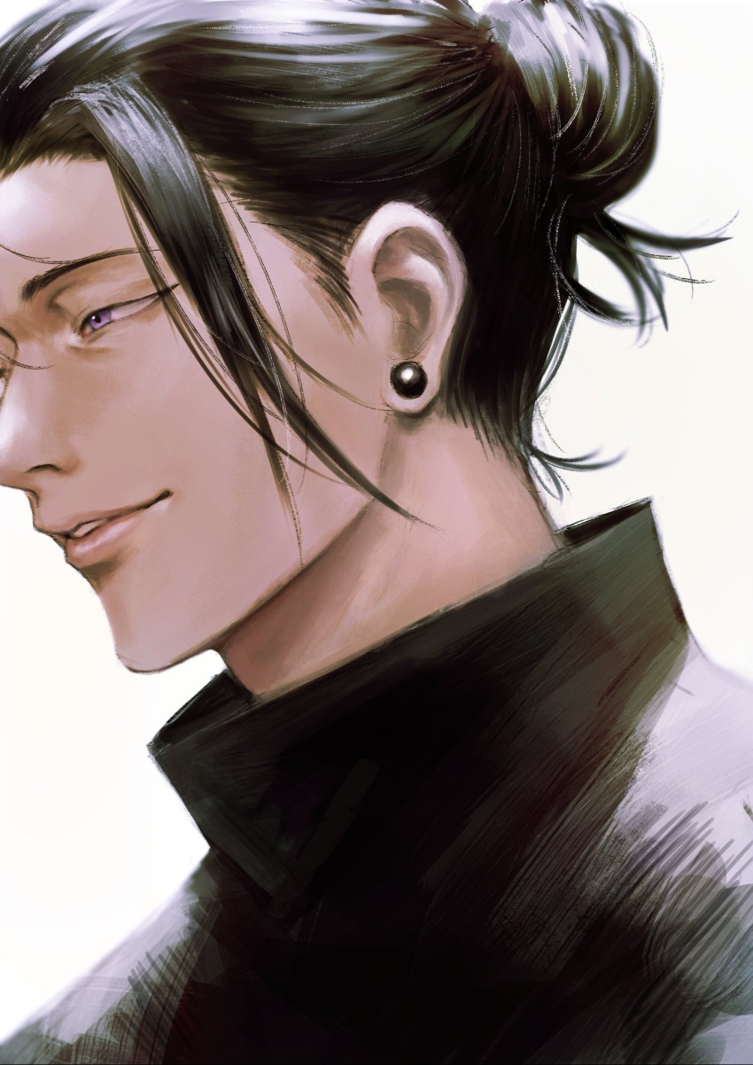 1boy black_hair black_jacket ear_piercing getou_suguru hair_bun highres jacket jujutsu_kaisen jujutsu_tech_uniform light_smile long_hair looking_away male_focus ndsoda parted_lips piercing portrait school_uniform simple_background single_hair_bun solo violet_eyes white_background