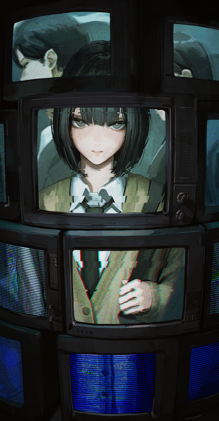 1boy 2girls absurdres ao_desu2222 backpack bag black_hair black_necktie cardigan collared_shirt grey_eyes highres looking_at_viewer multiple_girls necktie original parted_lips shirt short_hair solo_focus television white_shirt