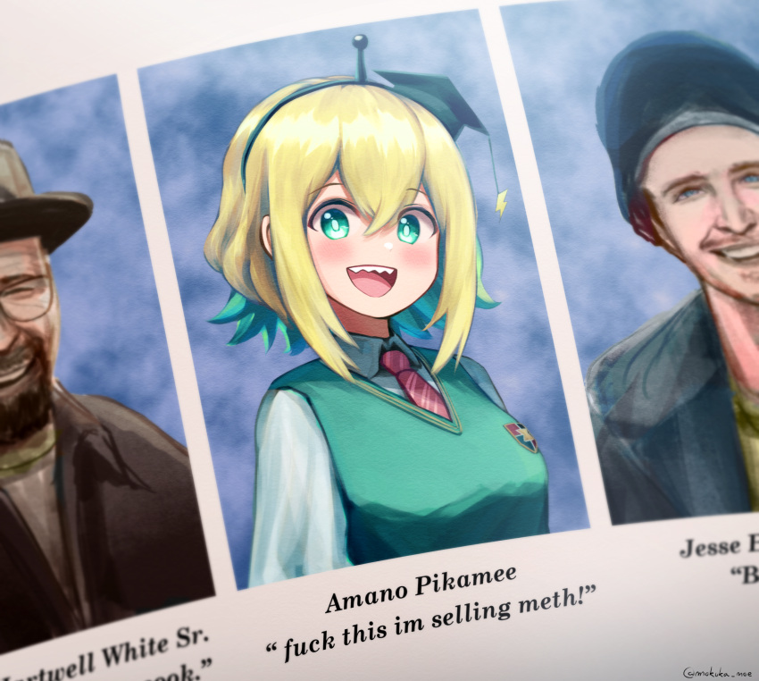 1girl 2boys :d absurdres amano_pikamee aqua_eyes aqua_hair artist_name black_hairband blush breaking_bad collared_shirt colored_inner_hair english_commentary english_text graduation green_sweater_vest hair_between_eyes hairband hat highres jesse_pinkman meme mokuka_noe mortarboard multicolored_hair multiple_boys necktie open_mouth photo_(object) red_necktie sharp_teeth shirt short_hair sidelocks smile solo_focus sweater_vest teeth two-tone_hair upper_body virtual_youtuber voms walter_white white_shirt